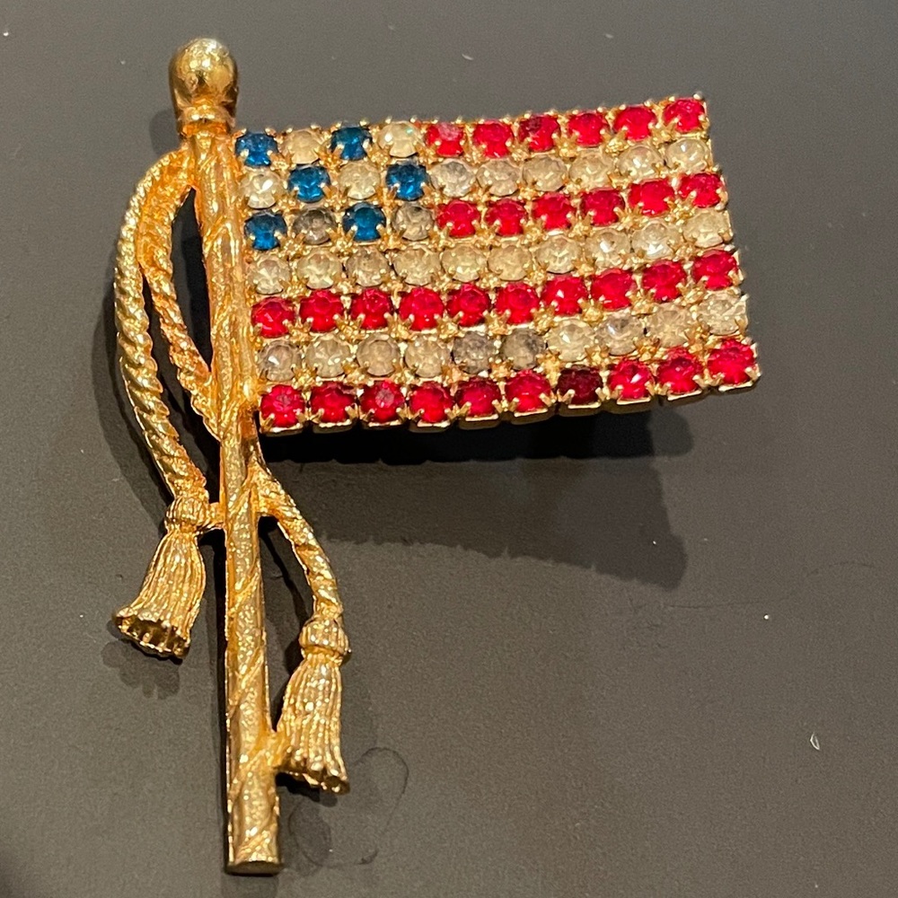 Gold American Flag Brooch with Red, White, and Blue Crystals